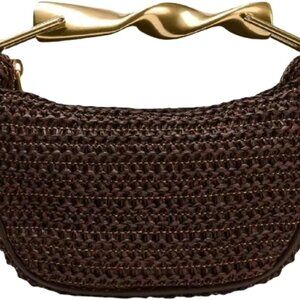 Mini Woven Straw Tote Bag for Women with Zipper Closure, Coffee Color, Lightweig